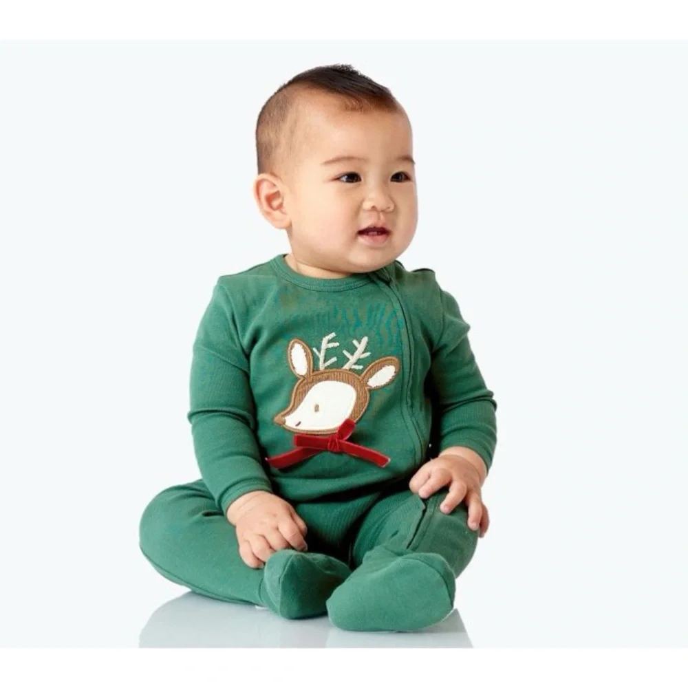 Pottery Barn Kids Green Reindeer Organic Baby Pajama Unisex Footie Size 3-6M